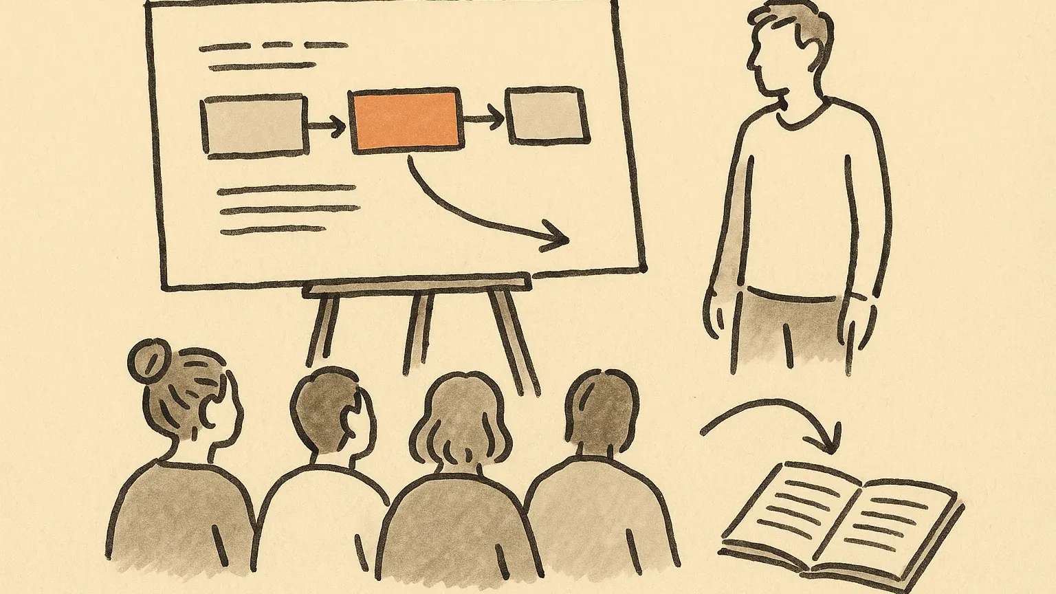 Hand-drawn illustration: four listeners facing a board on an easel with a simple flow diagram, a presenter to the side, an arrow pointing to an open notebook