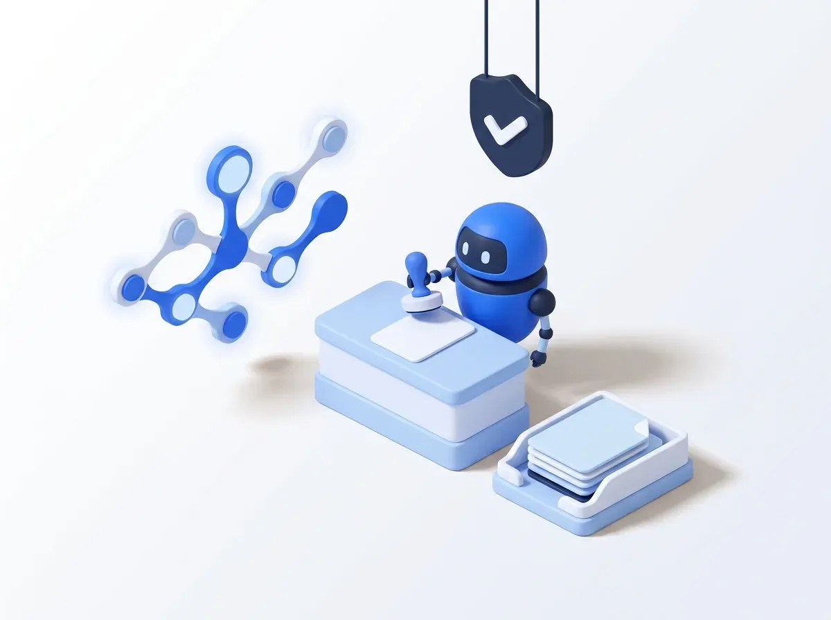 A robot assistant stamping approvals at a checkpoint between a knowledge graph and outgoing drafts