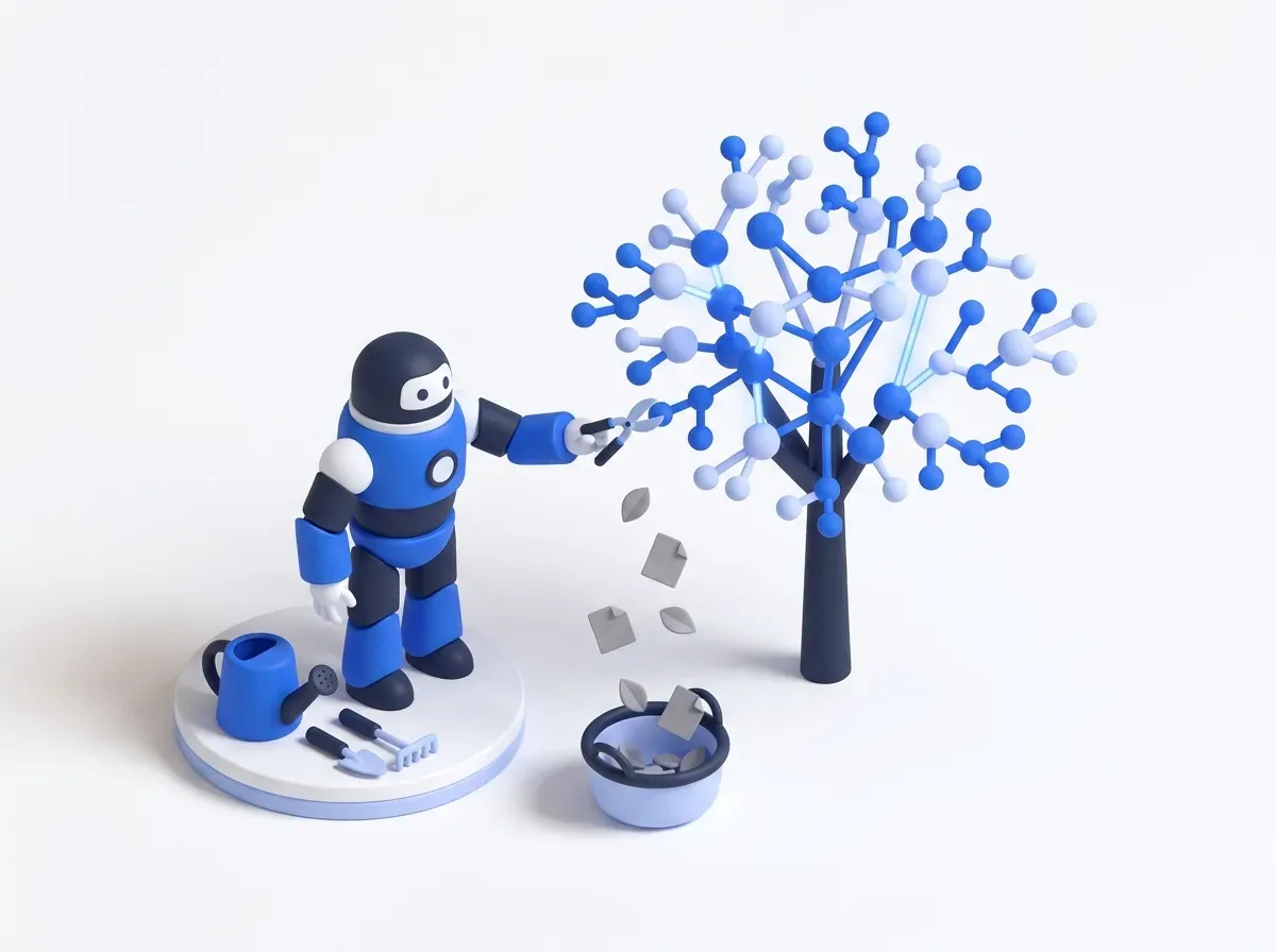 A gardener robot pruning a knowledge-graph tree, collecting stale notes in a basket