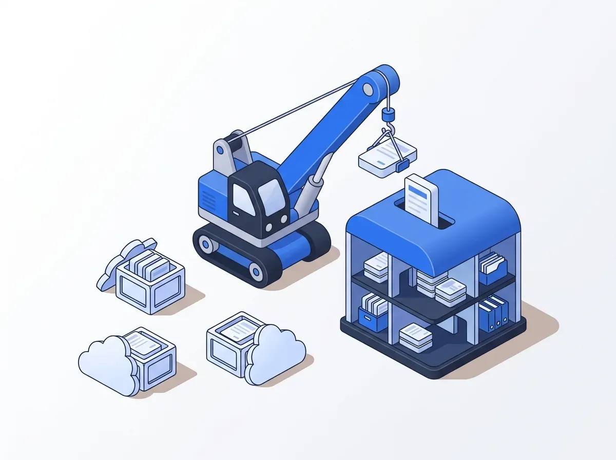 A crane migrating document blocks from scattered crates into a structured vault building