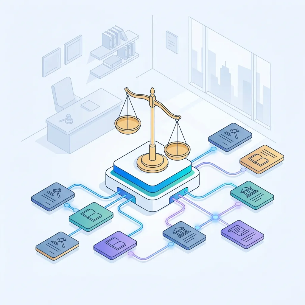 Isometric illustration of a law firm: scales on a central plate, case cards linked around them.