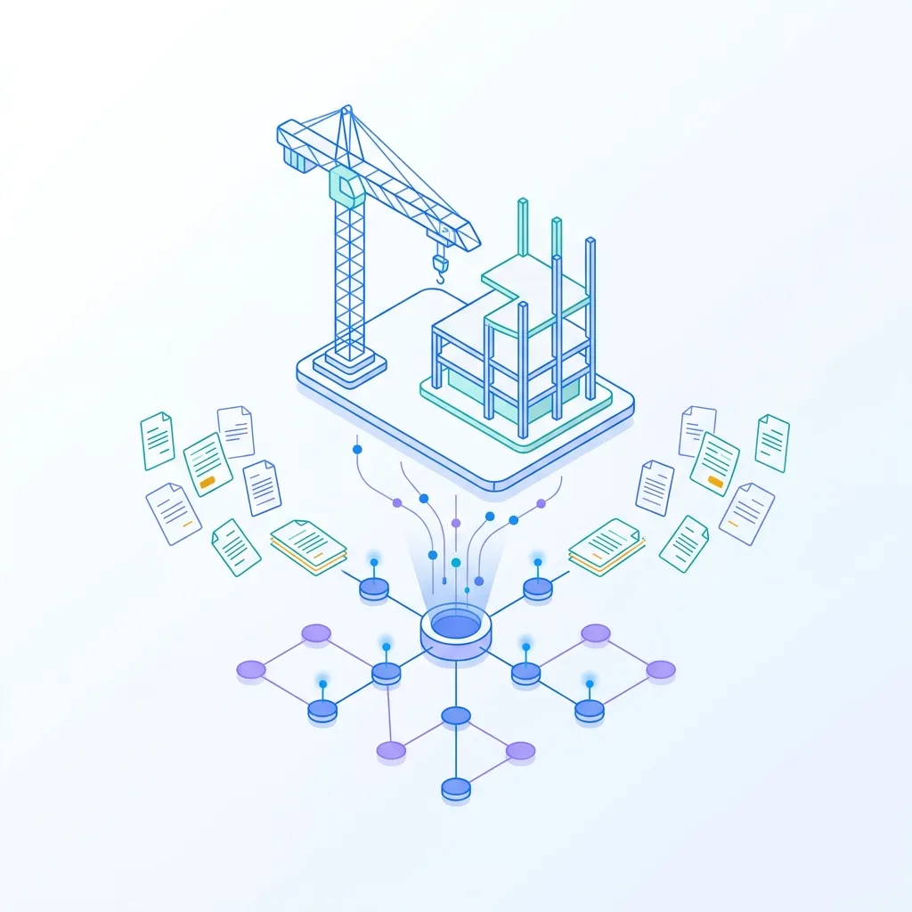 Isometric illustration of a building site: quotes and variations linked in one register.