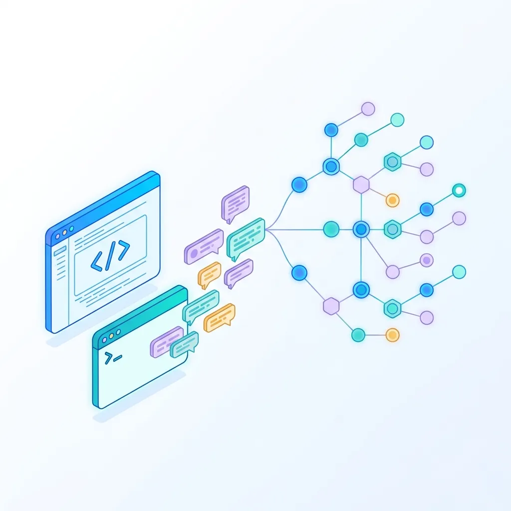 Isometric illustration of a dev team: decisions pulled from conversations into a tidy log.
