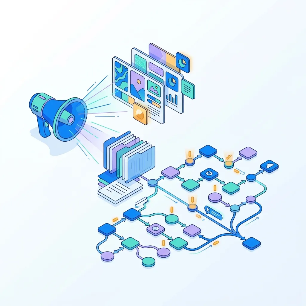 Isometric illustration of a marketing agency: briefs and drafts joined in one approval flow.