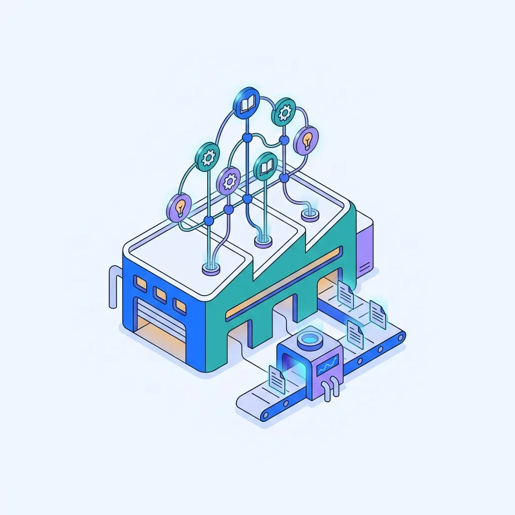 Isometric illustration of a production plant: machines and procedures linked in one record.