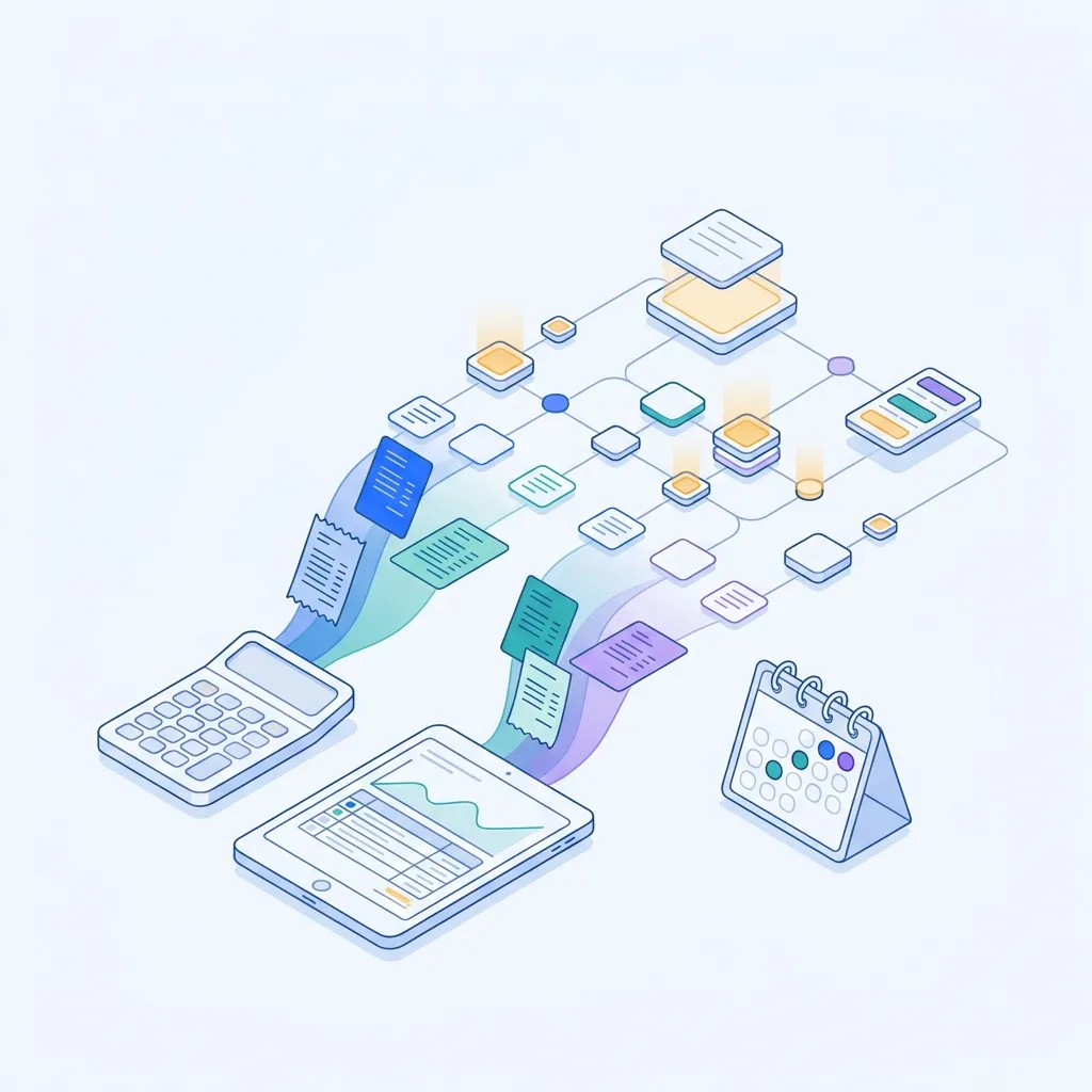 Isometric illustration of an accounting agency: documents and deadlines linked in one flow.