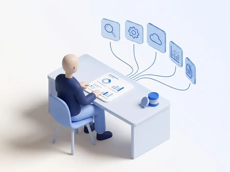Person at a desk assembling one report from five separate tools