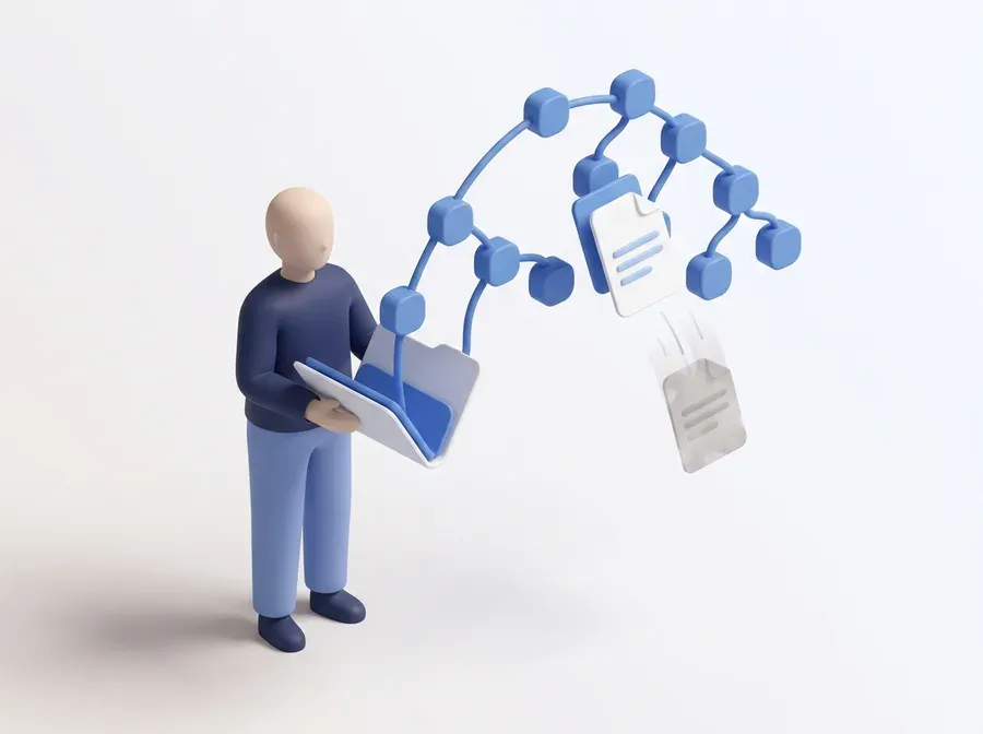 Person holding an onboarding folder from which a connected tree of documents grows