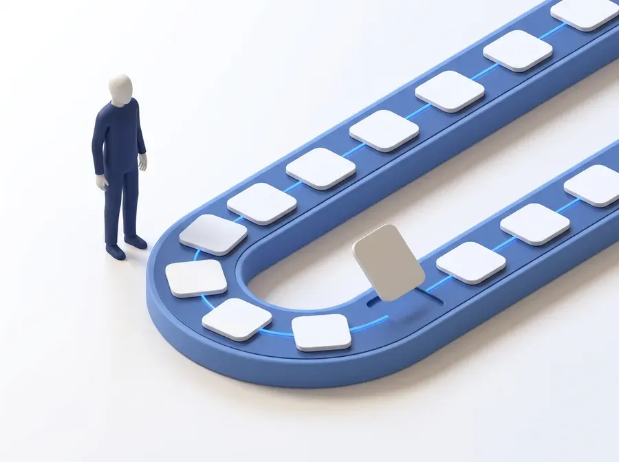 Person beside a conveyor of linked procedures flowing without bottlenecks