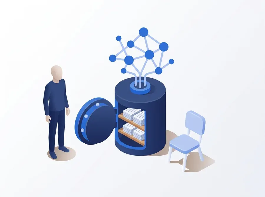 Person beside an open vault from which a knowledge graph grows, with an empty chair beside it