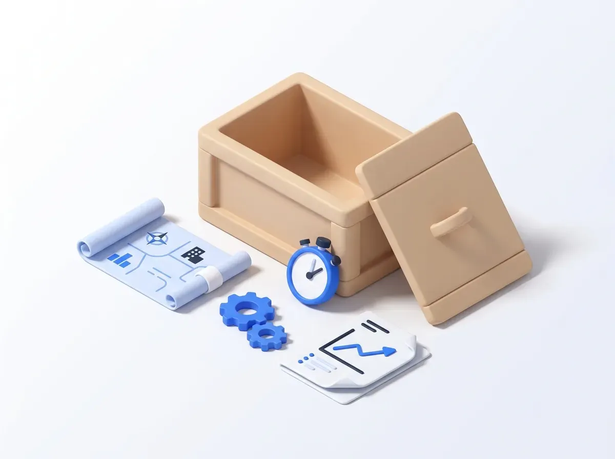 Open wooden crate with pilot artifacts removed and neatly arranged: folded map, two cogs, stopwatch and report with a chart